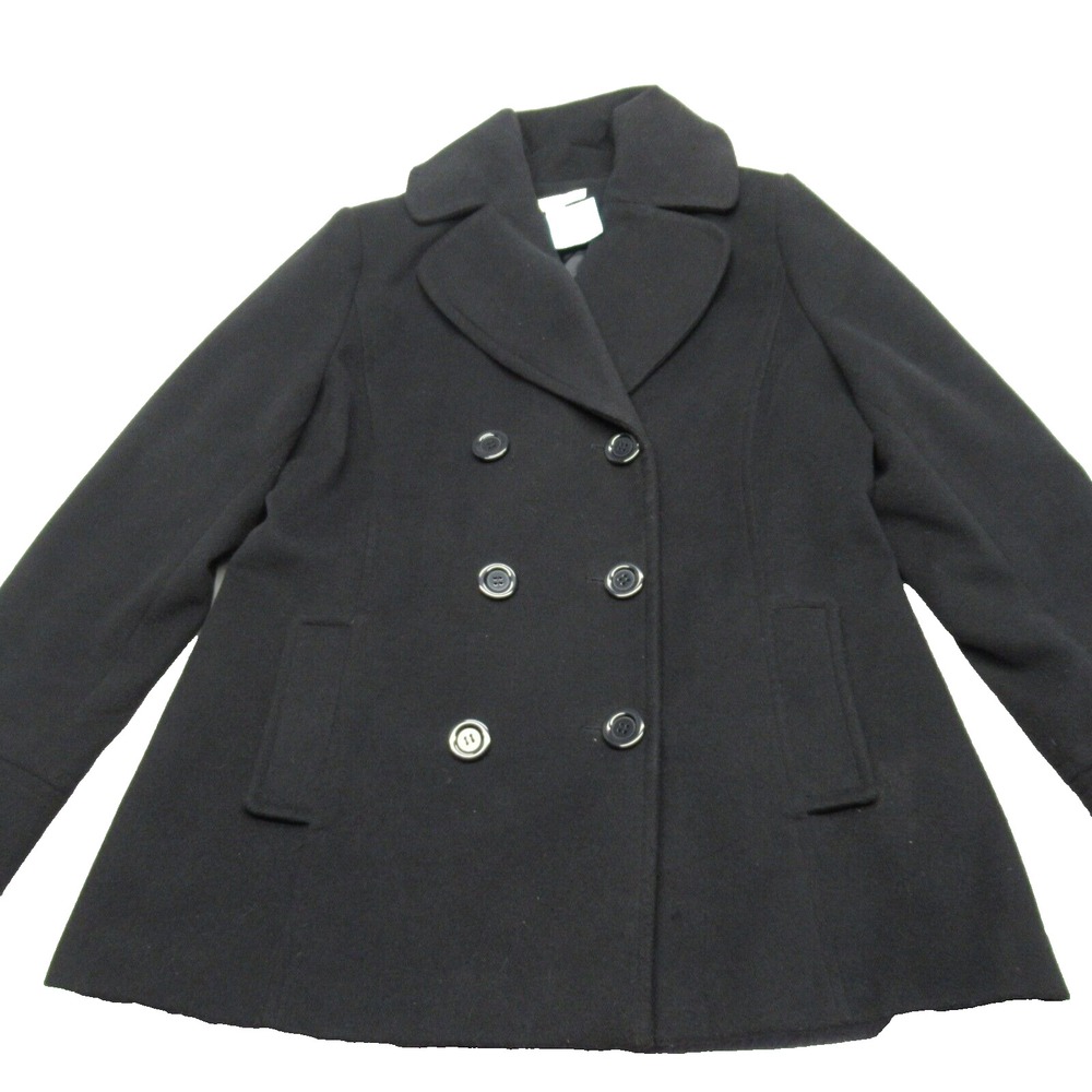 GH Bass Jacket Women Large Black Pockets Double Breasted Single Vent Pea Coat